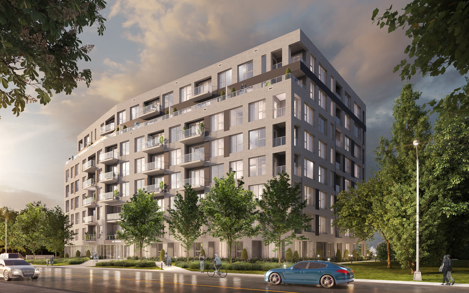 Street-level dusk rendering of Le Bleau, Laval
